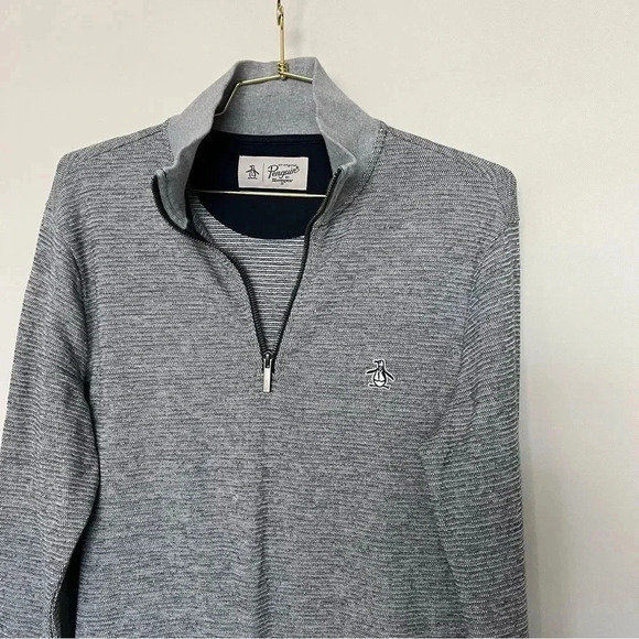 Penguin 1/4 Zip Sweater Heather Black/Gray Textured Size Medium High Neck - Picture 8 of 11